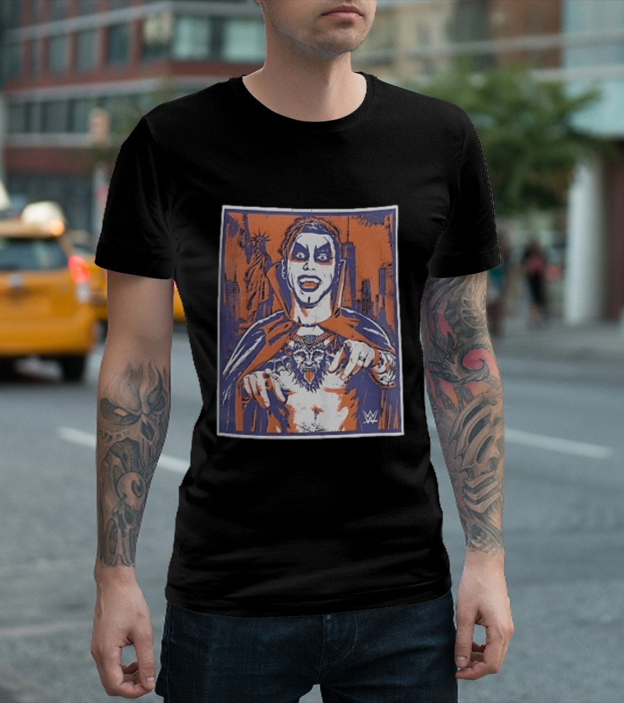 WWE Facepaint Wrestler At Liberty Statue Skyline With Demon Tattoo T-Shirt