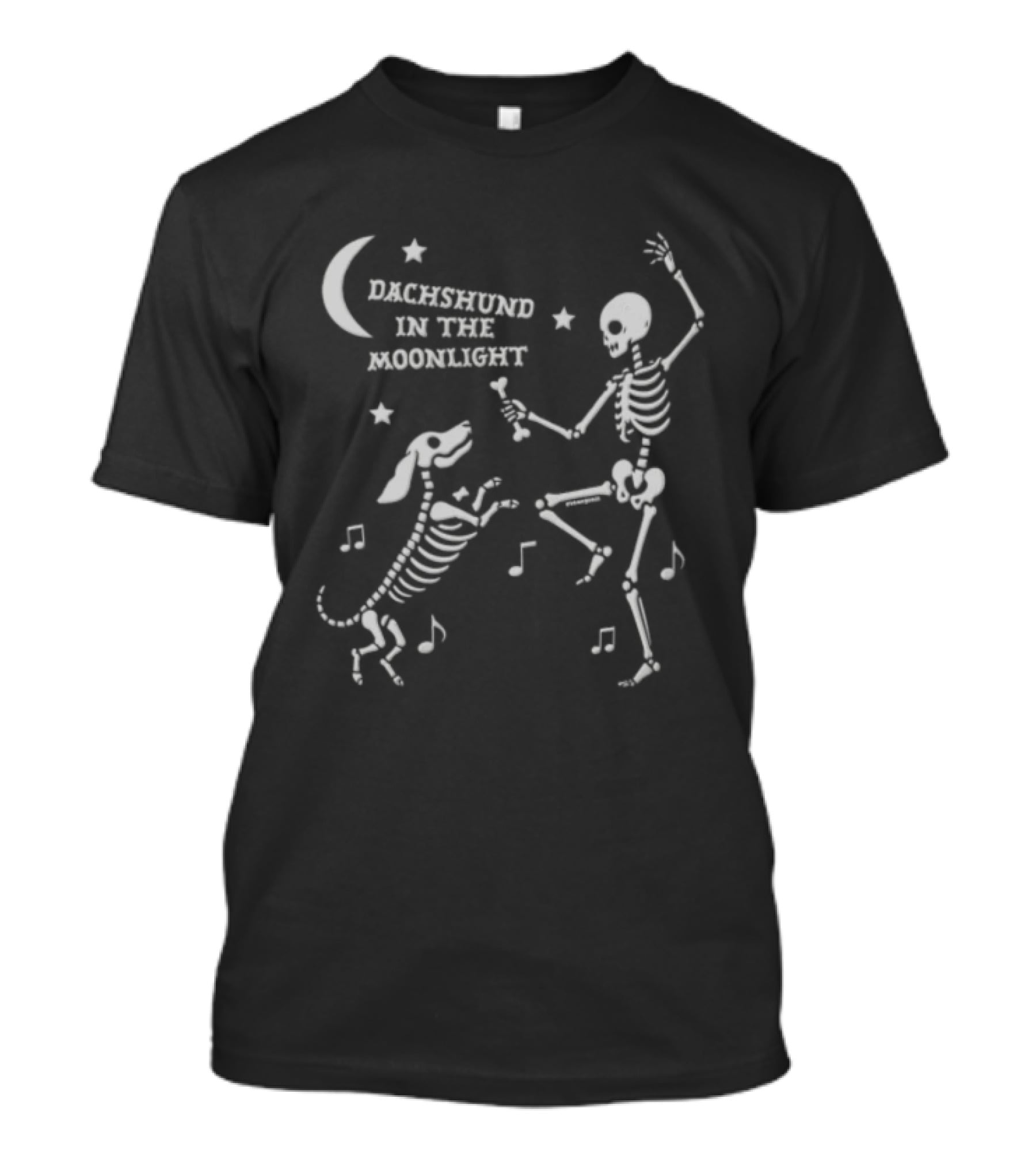 Dachshund In The Moonlight Skeleton Dancing With Dog Music Notes T-Shirt