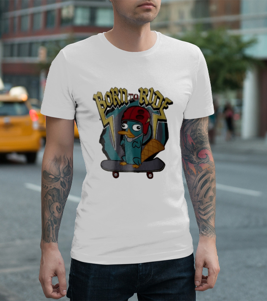 Born To Ride Cartoon Platypus Red Helmet Skateboard T-Shirt