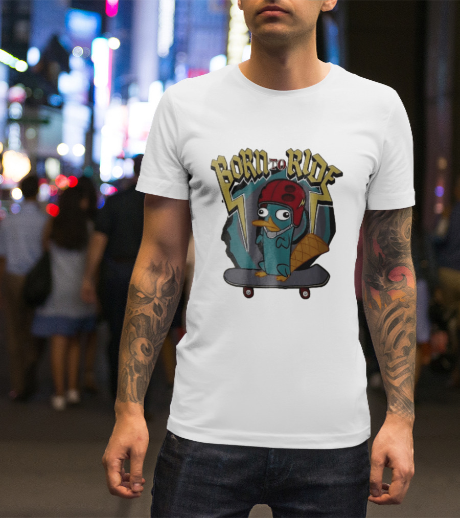 Born To Ride Cartoon Platypus Red Helmet Skateboard T-Shirt