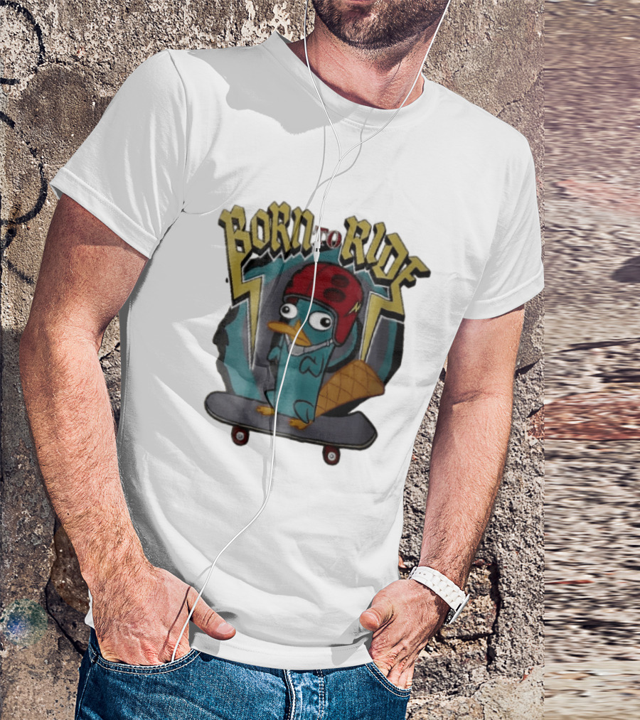 Born To Ride Cartoon Platypus Red Helmet Skateboard T-Shirt