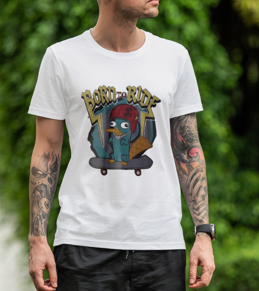 Born To Ride Cartoon Platypus Red Helmet Skateboard T-Shirt