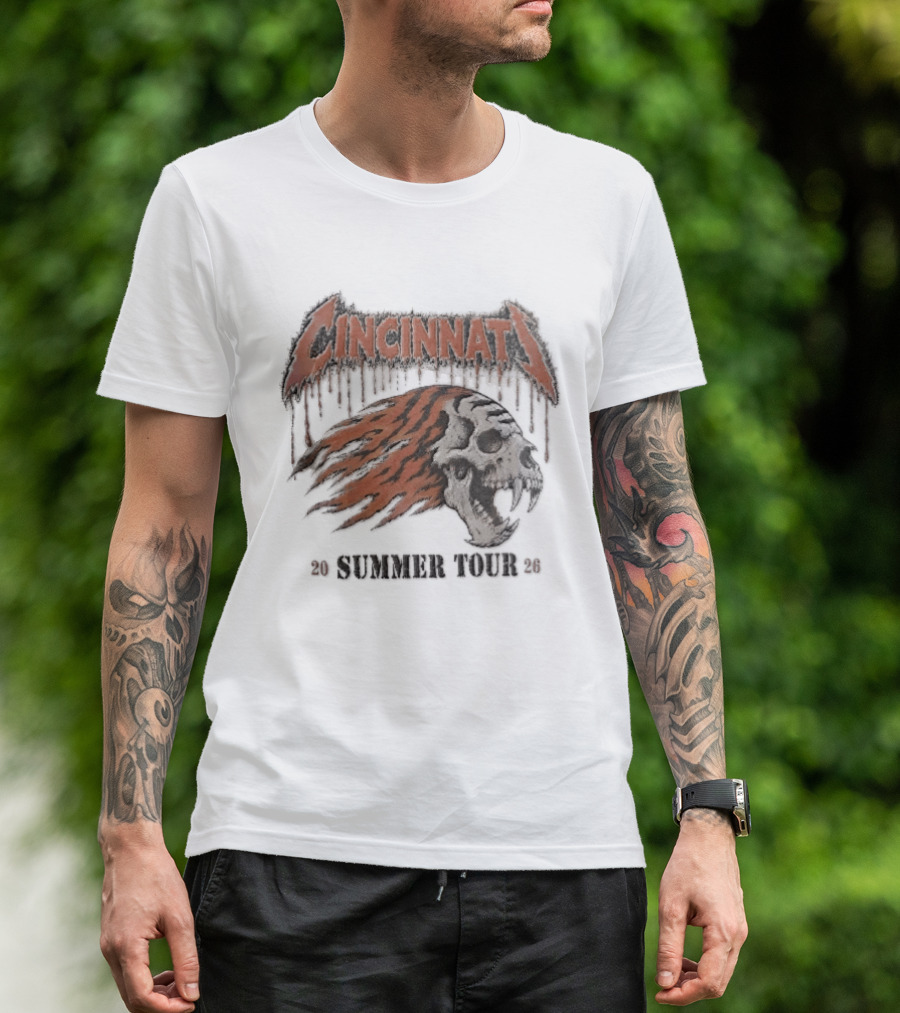 Cincinnati Bengals Tiger Skull Flaming Mane Summer Tour 2026 Distressed T-Shirt