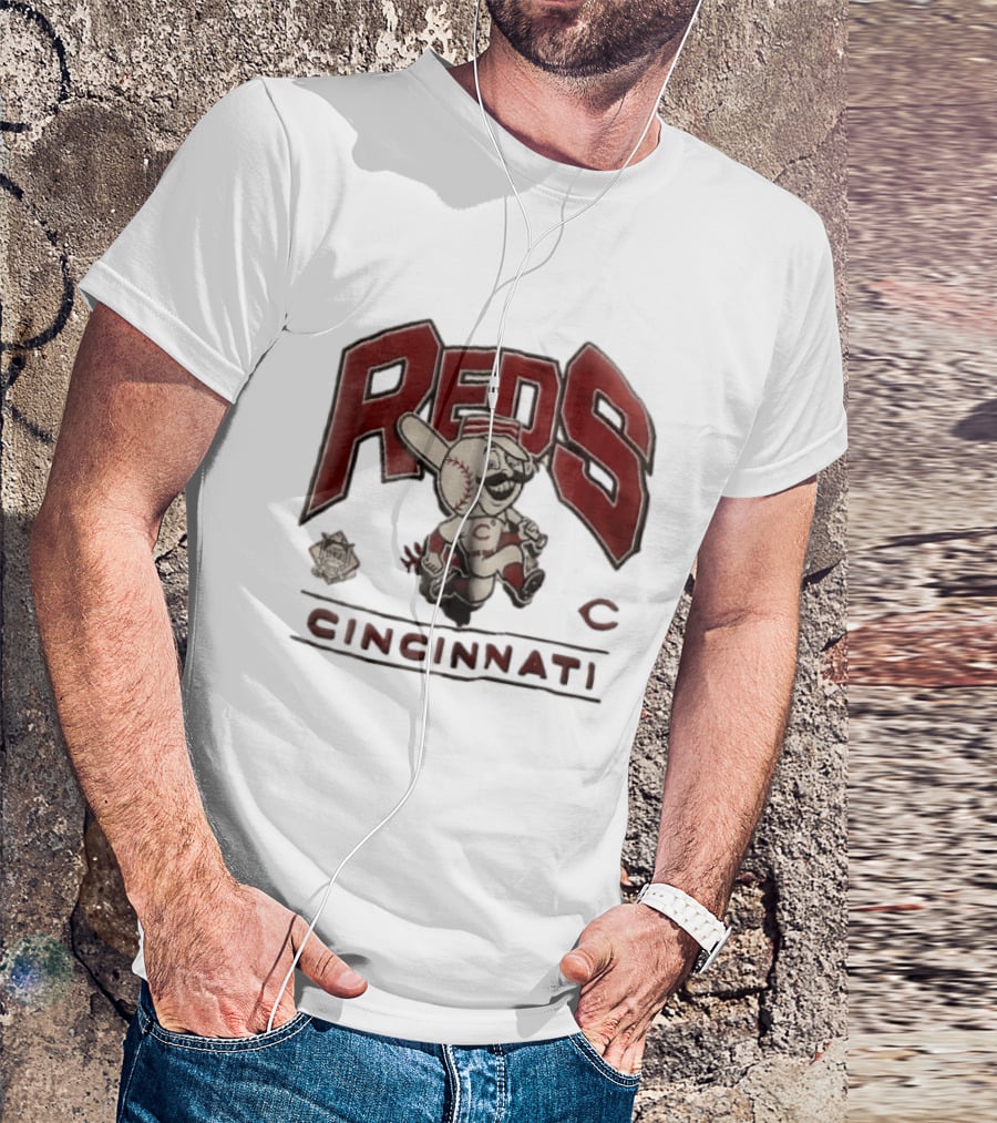 Cincinnati Reds Cartoon Running Bat Mascot Vintage MLB Fan Gear T-Shirt