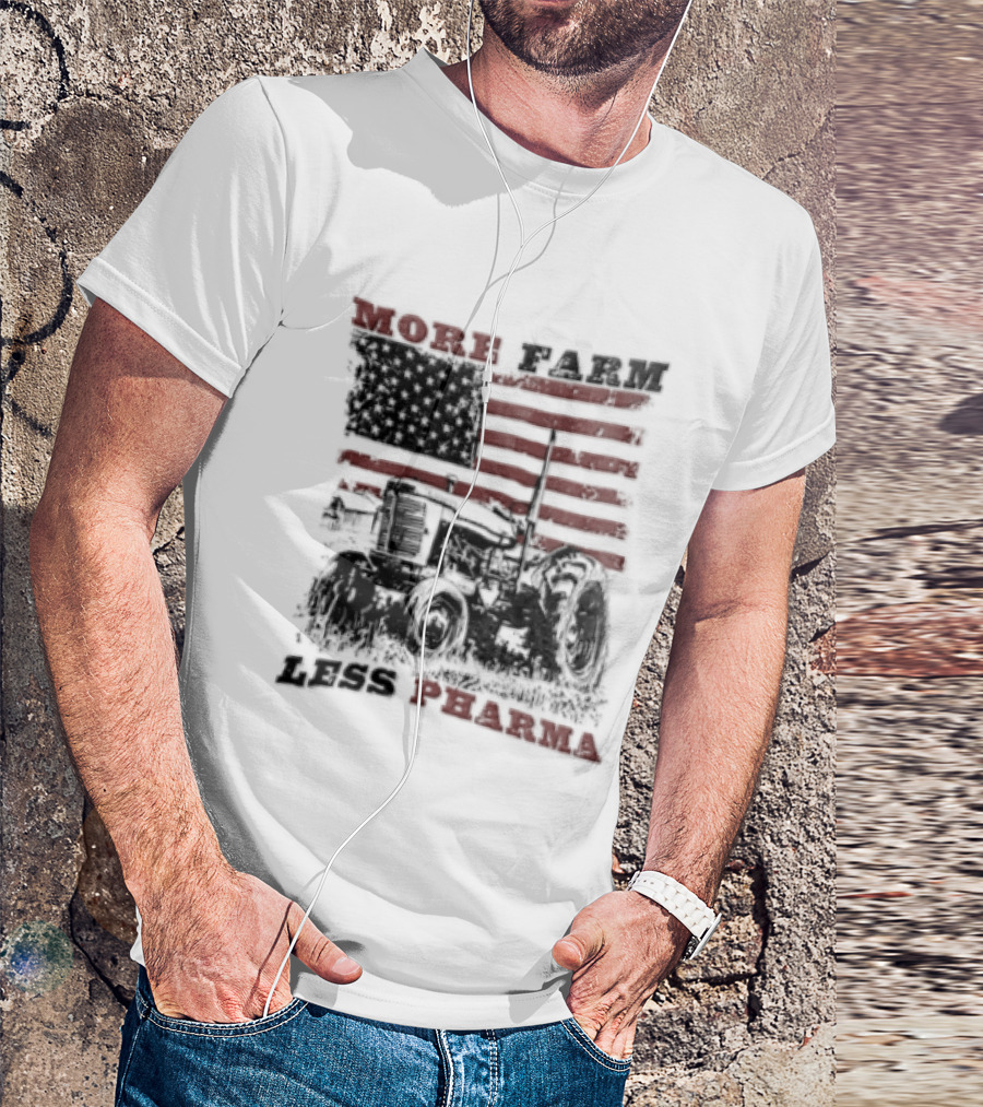 More Farm Less Pharma Distressed American Flag Tractor T-Shirt