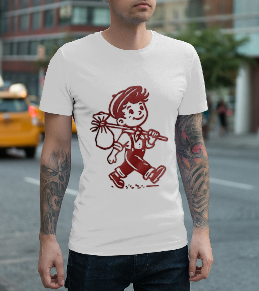 Red Line Cartoon Boy With Bindle Knapsack Stick Drawing T-Shirt