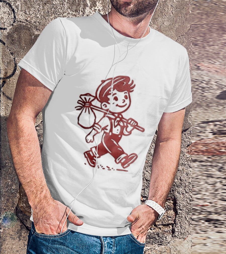 Red Line Cartoon Boy With Bindle Knapsack Stick Drawing T-Shirt