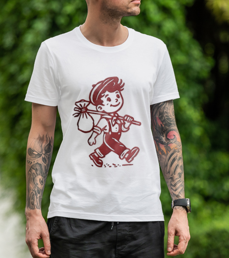 Red Line Cartoon Boy With Bindle Knapsack Stick Drawing T-Shirt