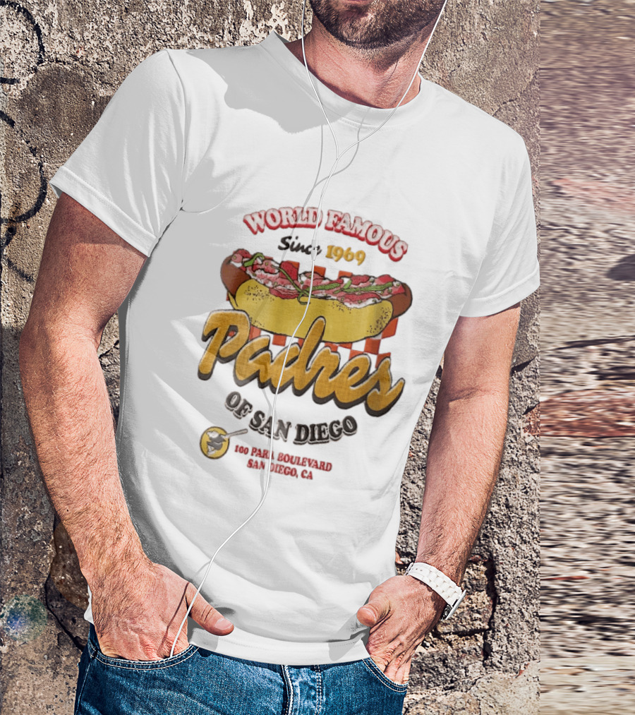 World Famous Padres Of San Diego Since 1969 Halftone Hot Dog 100 Park Boulevard CA T-Shirt
