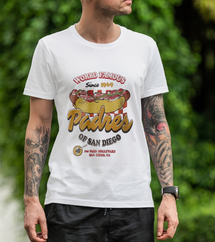 World Famous Padres Of San Diego Since 1969 Halftone Hot Dog 100 Park Boulevard CA T-Shirt