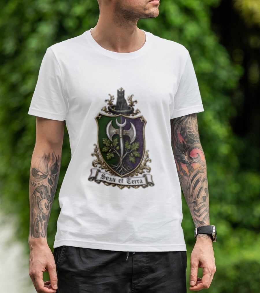 Sexu Et Terra Green Purple Shield Black Cat Axe And Tree Crest T-Shirt