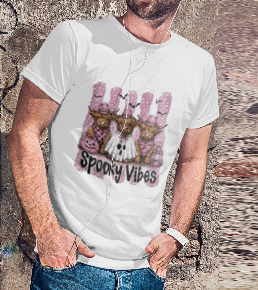Highland Cow Ghost Pumpkin Bat Spooky Vibes Halloween T-Shirt