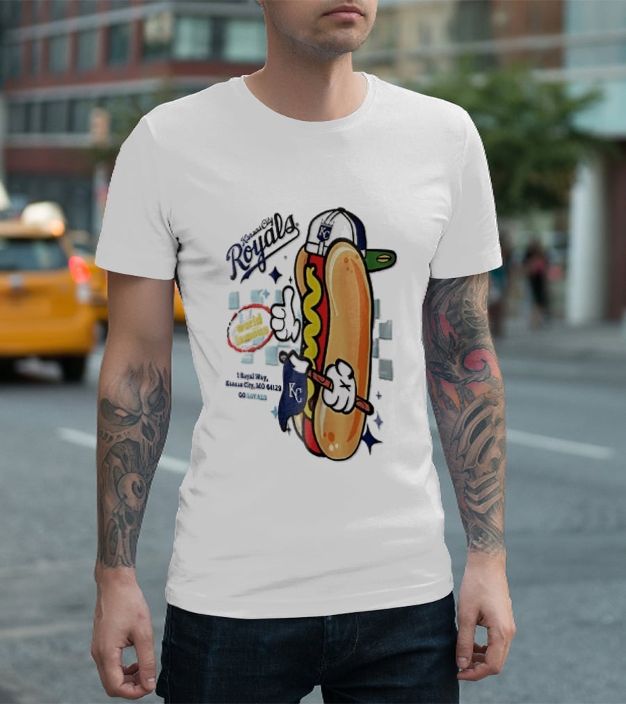 Kansas City Royals World Famous 1 Royal Way Mo 64129 Cartoon Hot Dog KC Cap T-Shirt