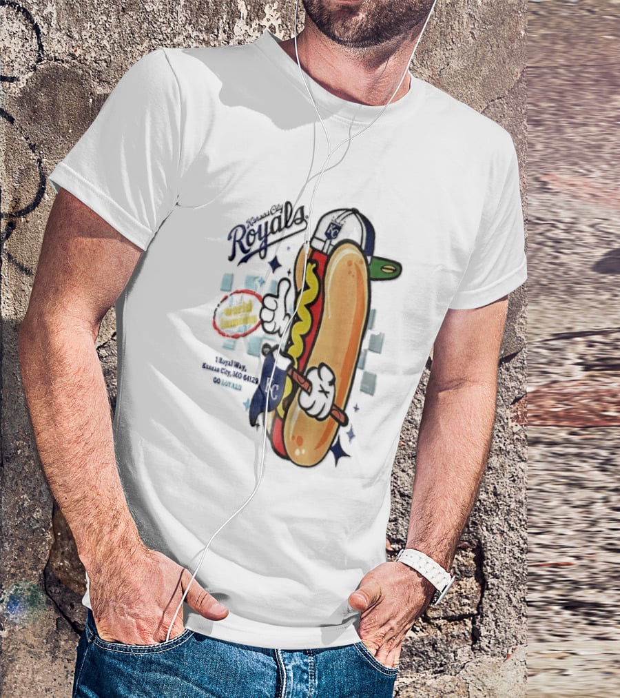 Kansas City Royals World Famous 1 Royal Way Mo 64129 Cartoon Hot Dog KC Cap T-Shirt