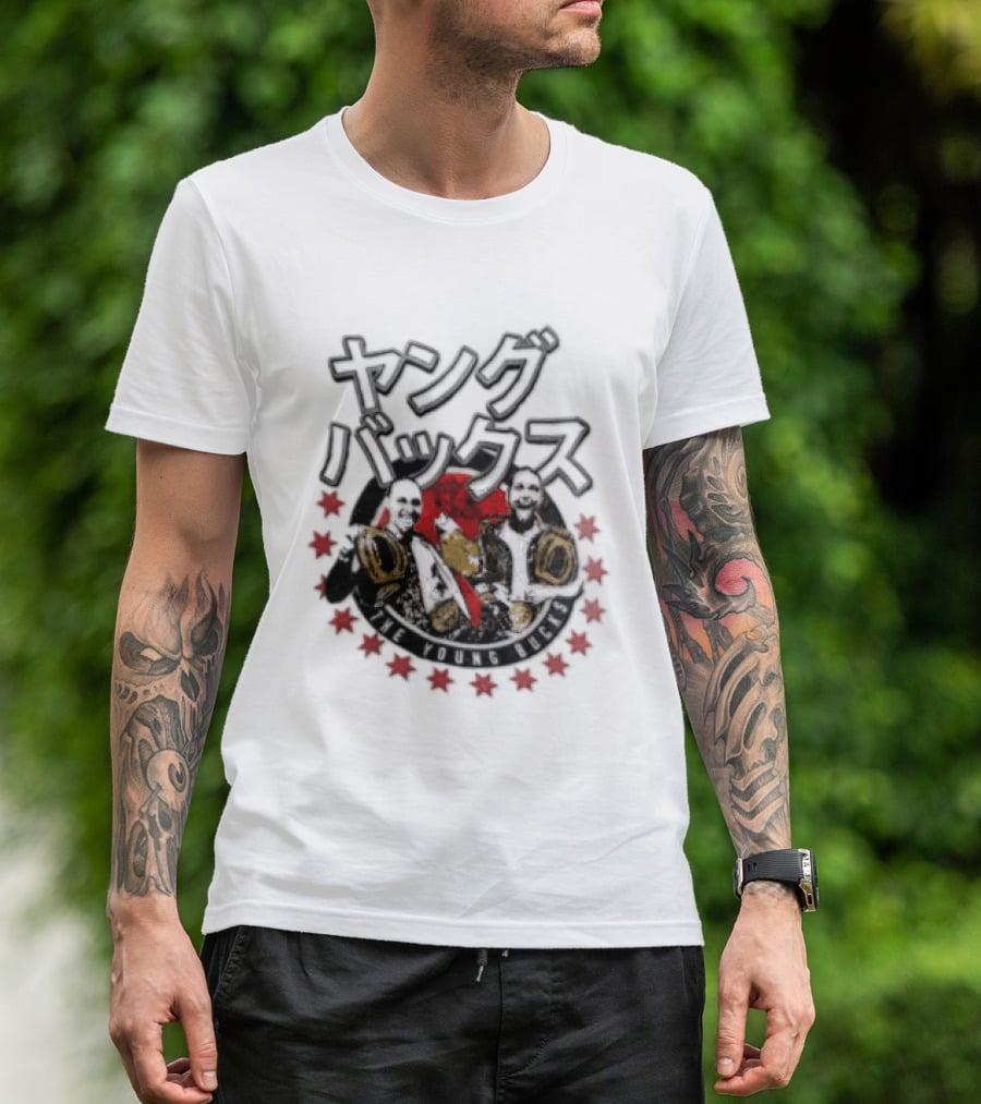Young Bucks Wrestling Tag Team With Championship Belts And Red Star Circle T-Shirt