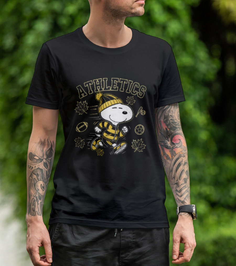 Athletics Snoopy Running Beanie Sports Equipment Maple Leaves Cartoon T-Shirt