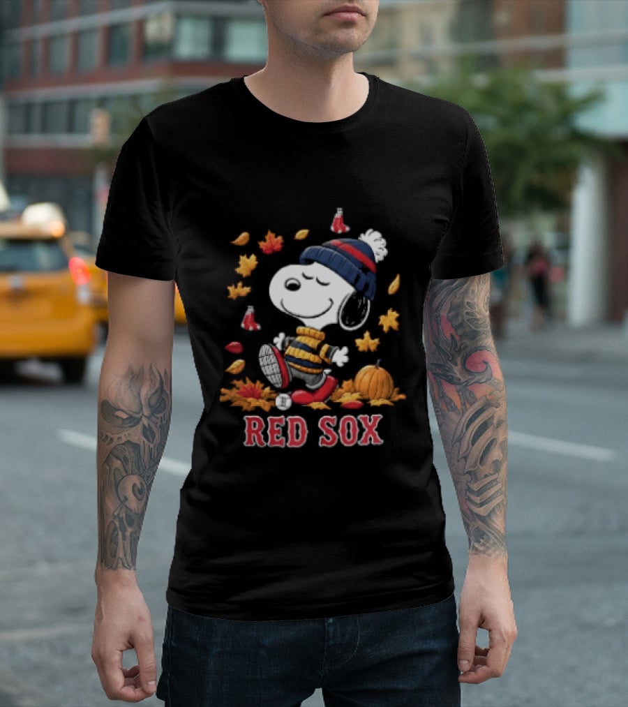 Boston Red Sox Snoopy Walking With Autumn Leaves And Pumpkin T-Shirt