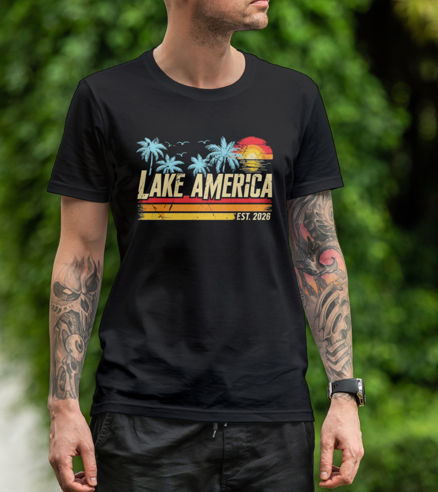 Lake America Est 2026 Tropical Vacation Sunset Palm Trees And Seagulls T-Shirt