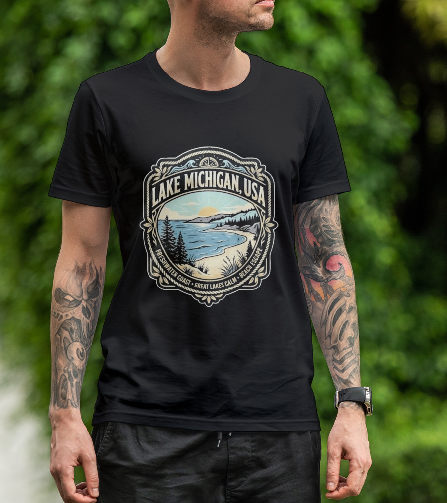 Lake Michigan USA Freshwater Coast Great Lakes Calm Beach Escape T-Shirt