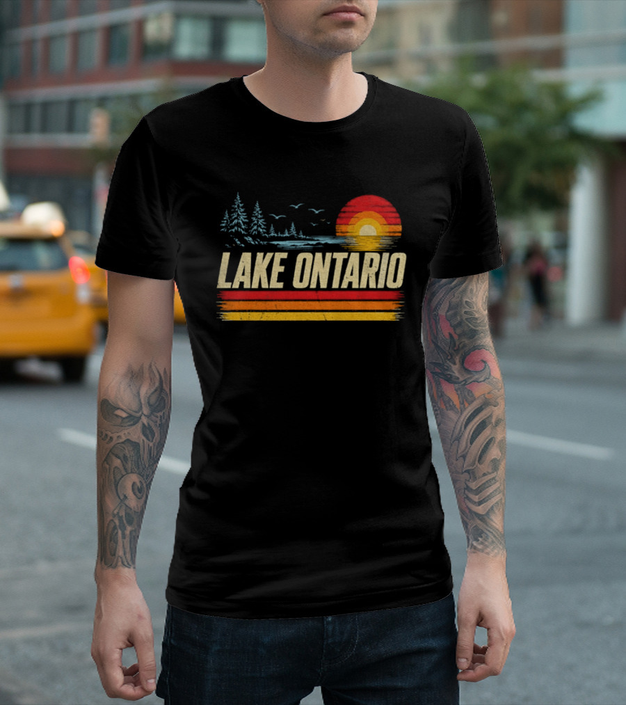 Lake Ontario Sunset Vintage Style With Pines And Birds T-Shirt