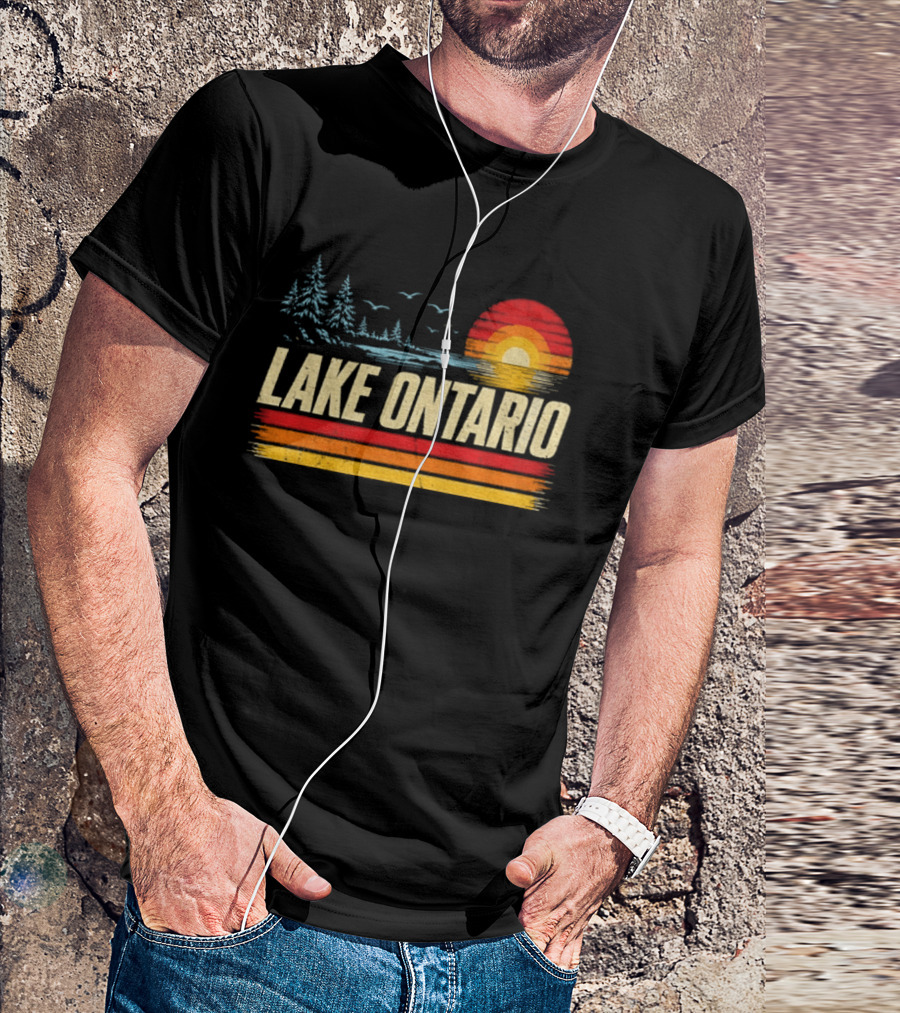 Lake Ontario Sunset Vintage Style With Pines And Birds T-Shirt