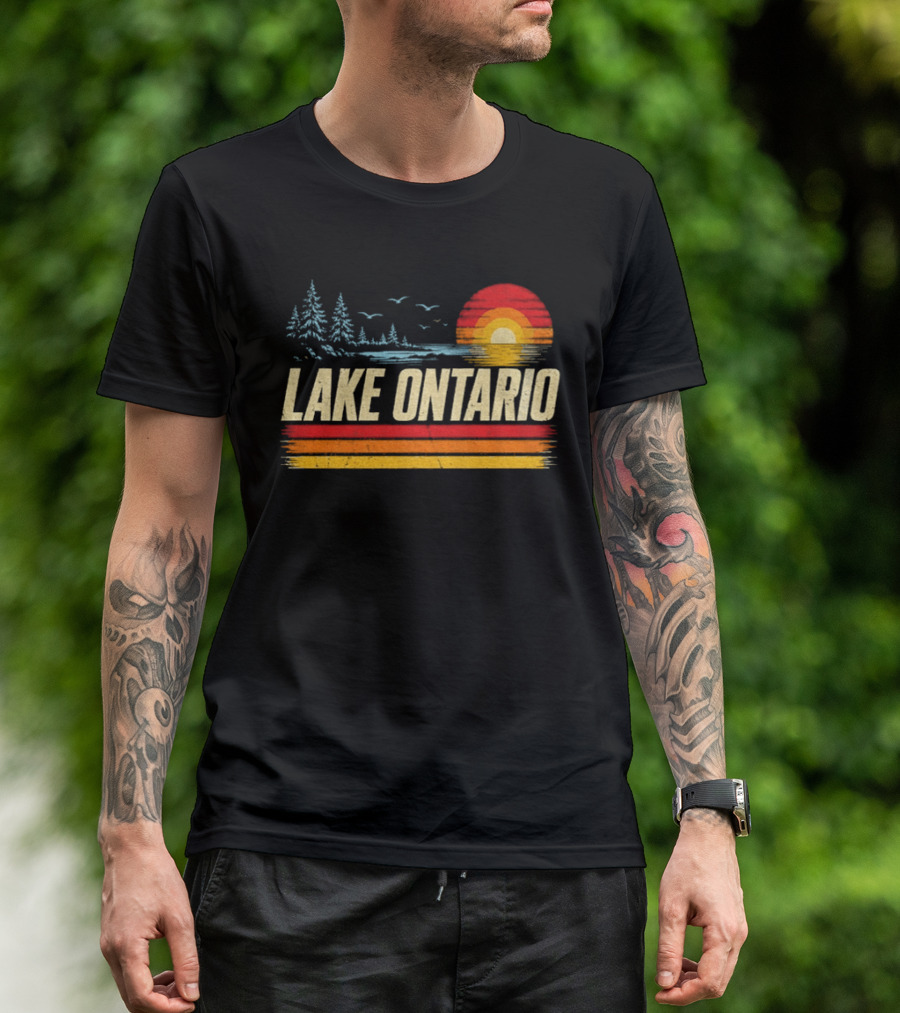 Lake Ontario Sunset Vintage Style With Pines And Birds T-Shirt