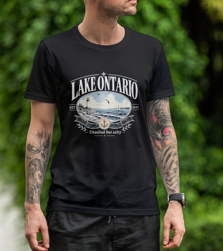 Lake Ontario Unsalted But Salty EST 1641 Seagull Lighthouse Sailboat Scene T-Shirt