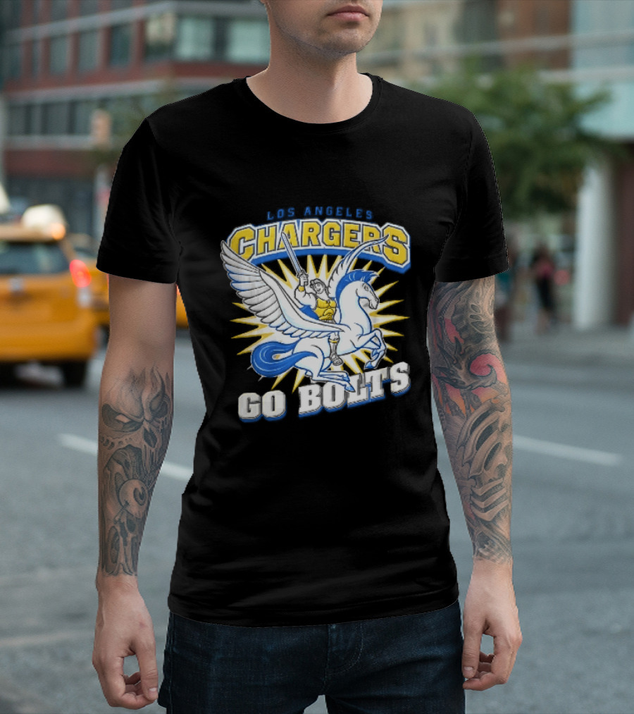 Los Angeles Chargers Go Bolts Hercules Pegasus Sword Cartoon Sunburst T-Shirt