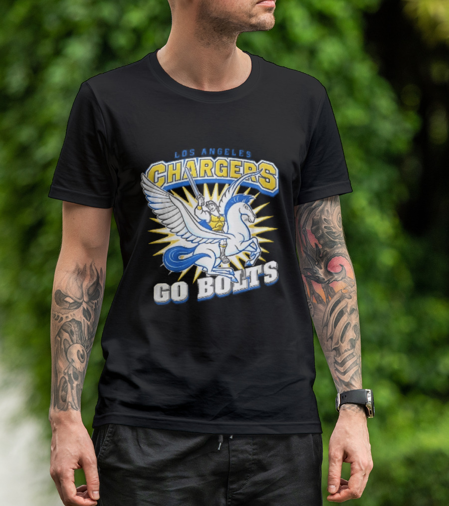 Los Angeles Chargers Go Bolts Hercules Pegasus Sword Cartoon Sunburst T-Shirt