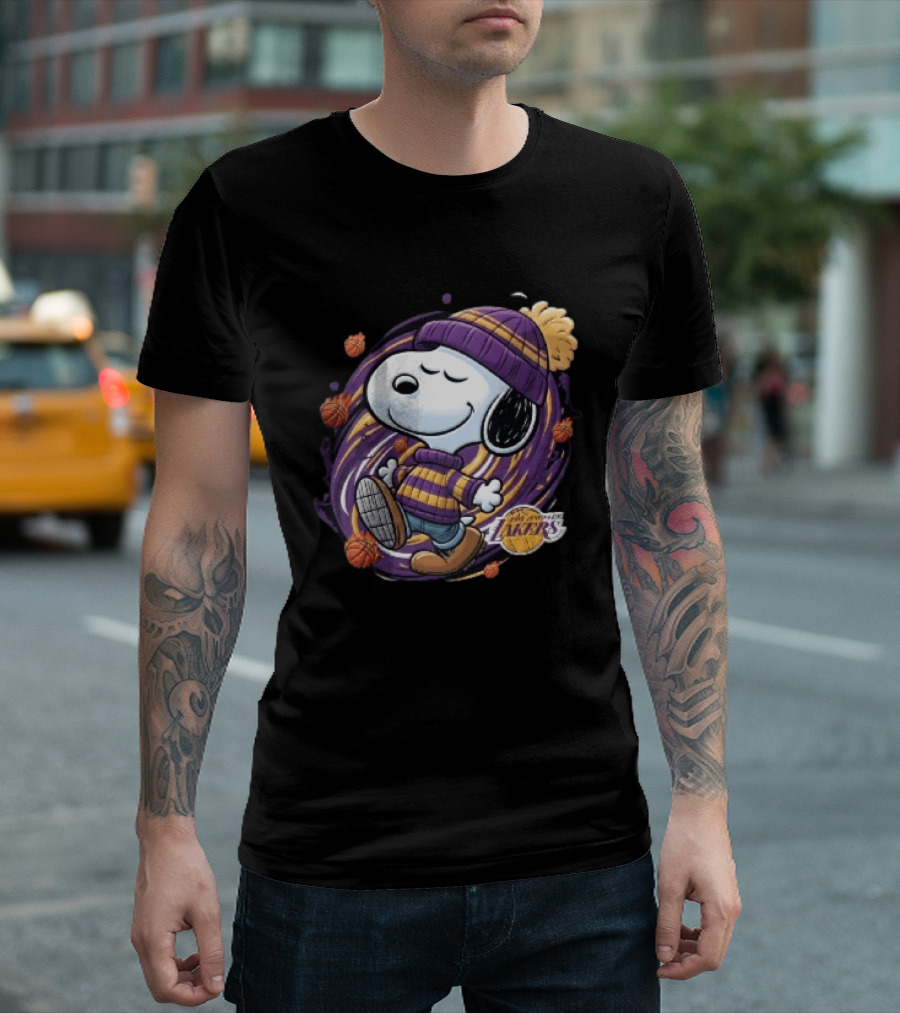 Los Angeles Lakers NBA Snoopy Cartoon Beanie Swirl Flaming Basketballs T-Shirt