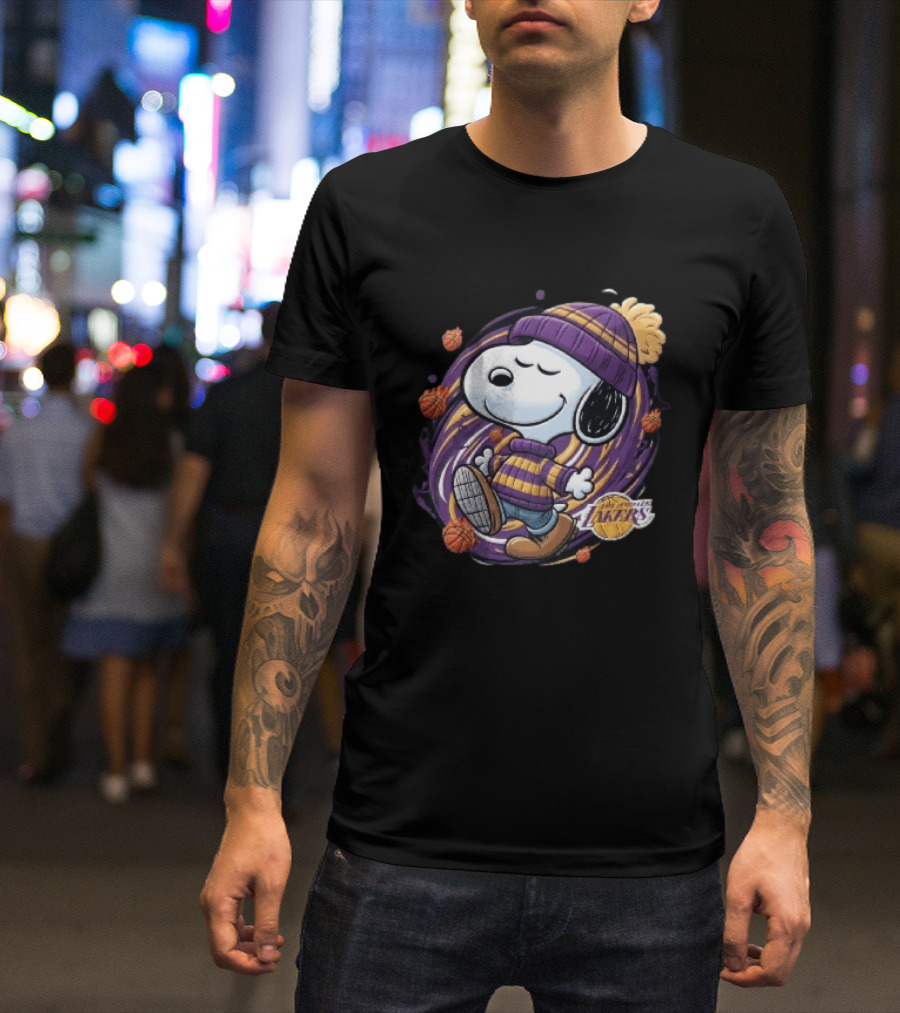 Los Angeles Lakers NBA Snoopy Cartoon Beanie Swirl Flaming Basketballs T-Shirt
