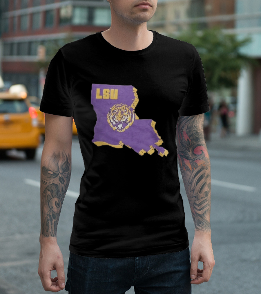 LSU Tigers NCAA Roaring Head Louisiana Map T-Shirt