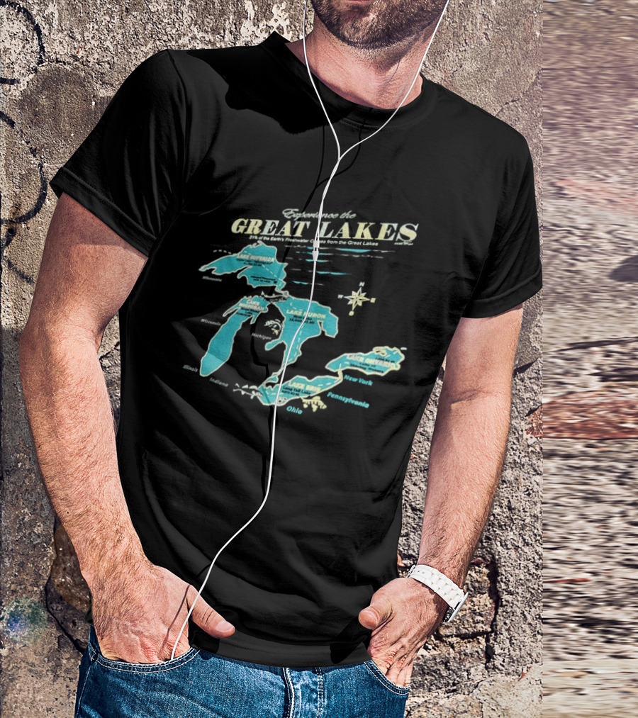 Experience The Great Lakes Map United States Geography Featuring Lake Michigan Superior Huron Erie Ontario T-Shirt