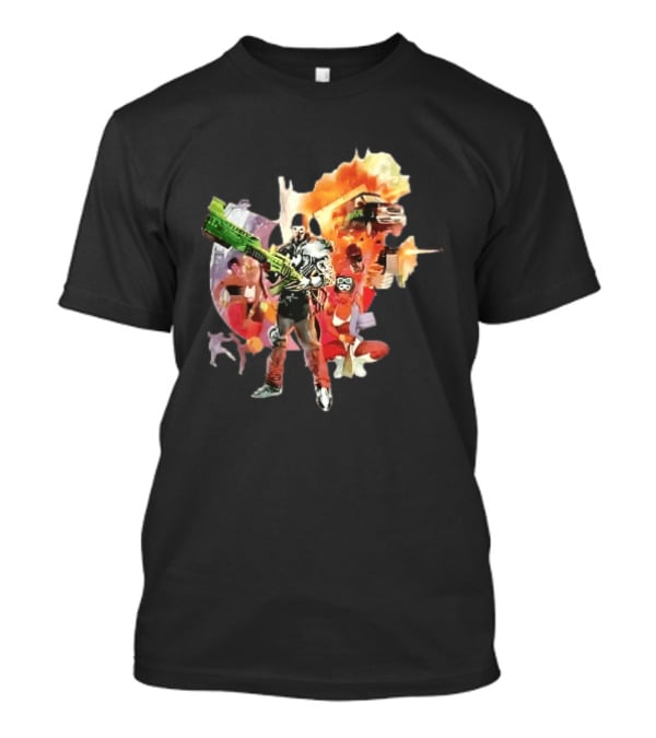 Masked Skeleton Soldier Green Rifle Fire Explosion Flying Truck Collage T-Shirt