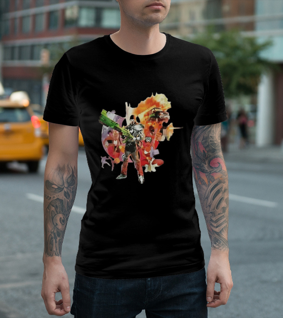 Masked Skeleton Soldier Green Rifle Fire Explosion Flying Truck Collage T-Shirt