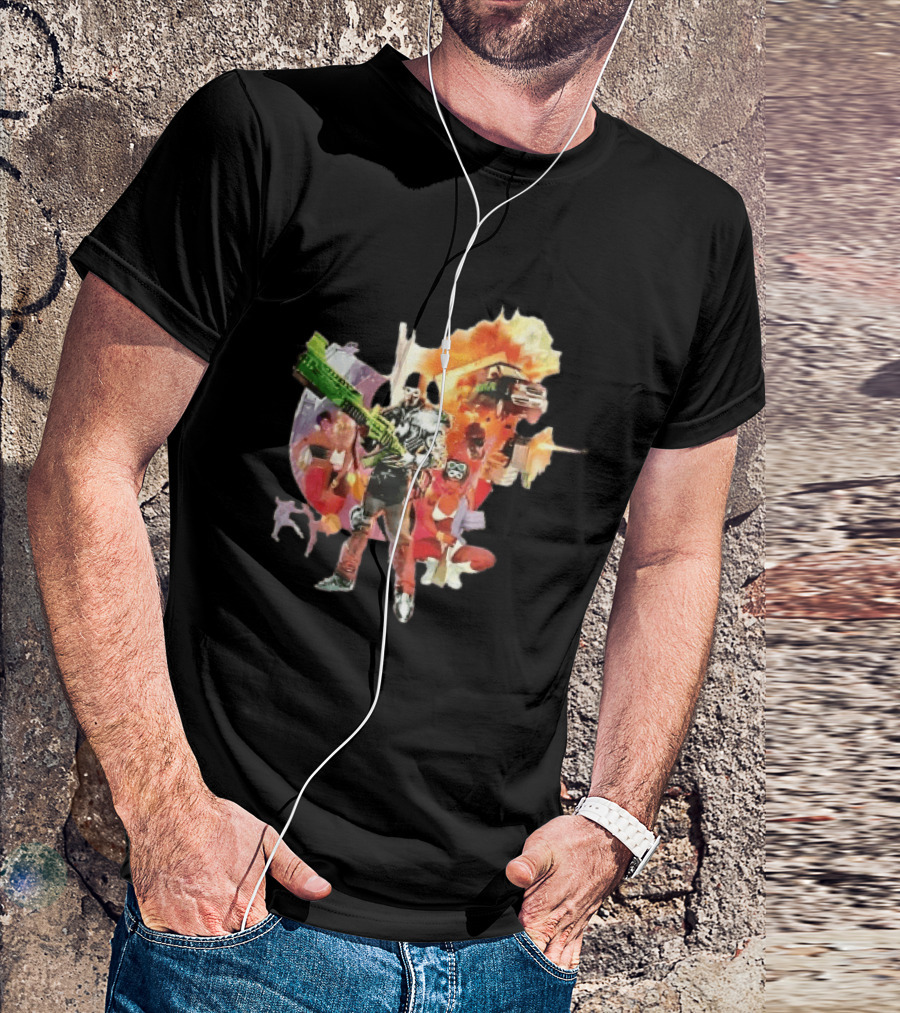 Masked Skeleton Soldier Green Rifle Fire Explosion Flying Truck Collage T-Shirt