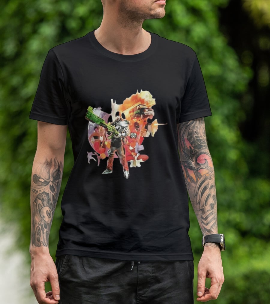 Masked Skeleton Soldier Green Rifle Fire Explosion Flying Truck Collage T-Shirt
