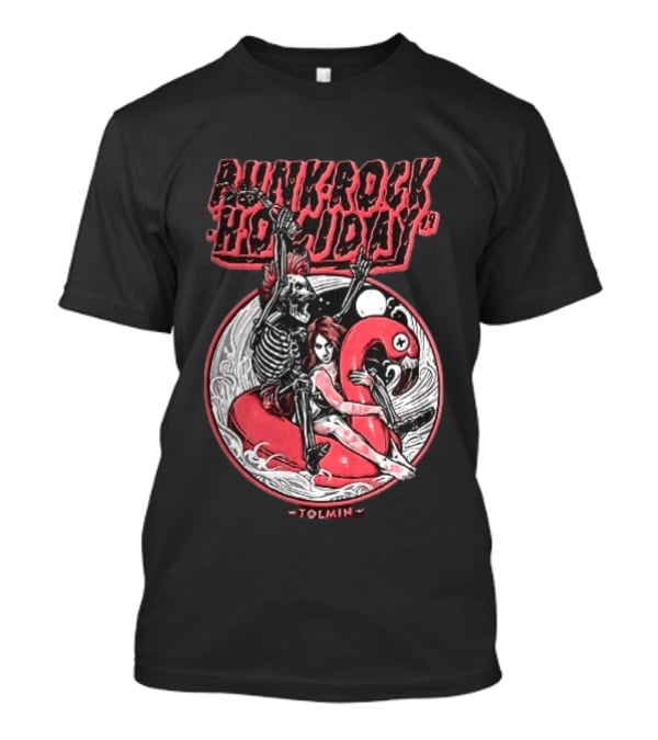 Punk Rock Holiday 19 Tolmin Mohawk Skeleton Riding Pink Flamingo Ocean Waves T-Shirt