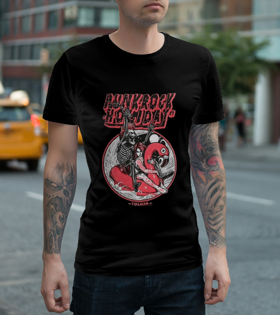 Punk Rock Holiday 19 Tolmin Mohawk Skeleton Riding Pink Flamingo Ocean Waves T-Shirt