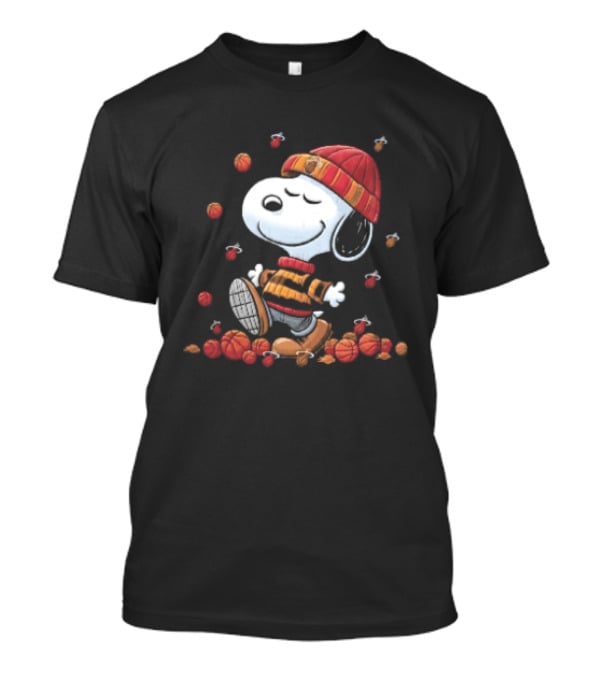 Miami Heat NBA Snoopy Walking Beanie Striped Flaming Basketballs Black T-Shirt