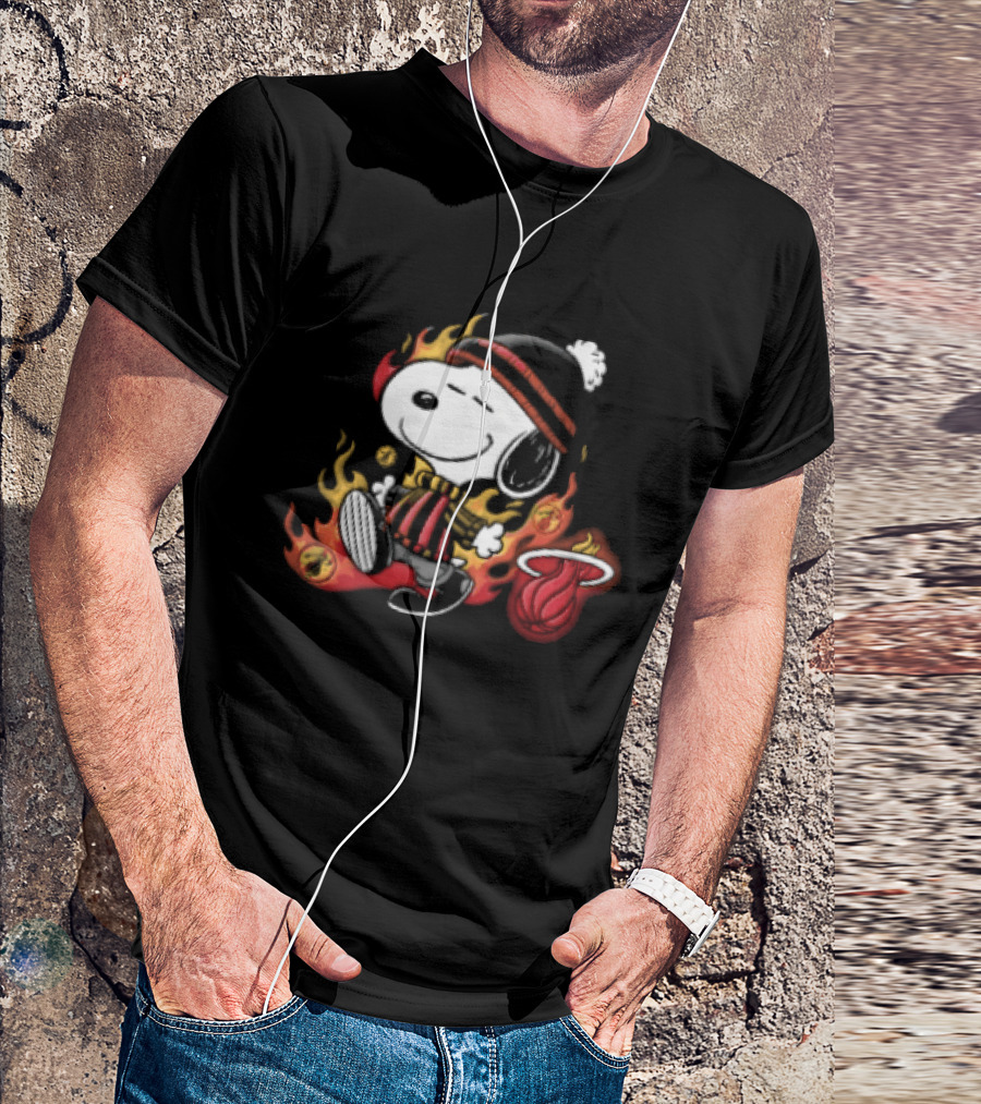 Miami Heat NBA Snoopy Walking Beanie Striped Flames Cartoon T-Shirt