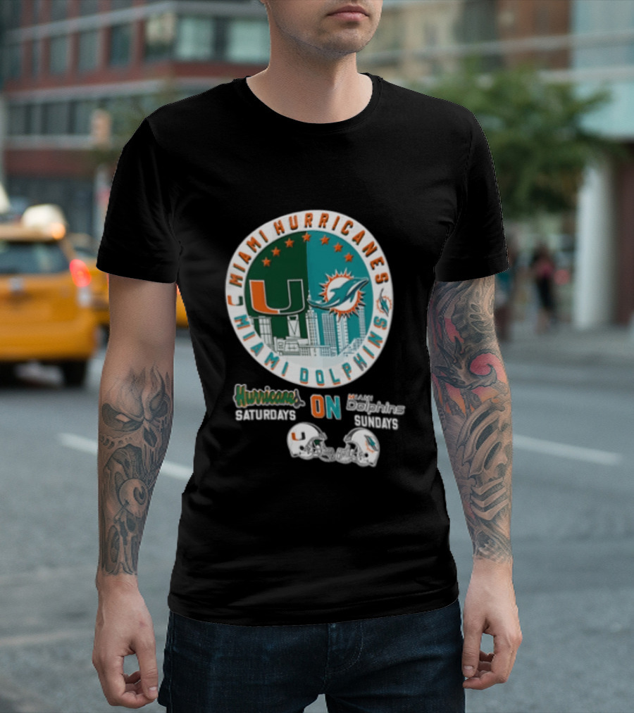 Miami Hurricanes Dolphins City Skyline Saturdays Sundays Two Helmets T-Shirt