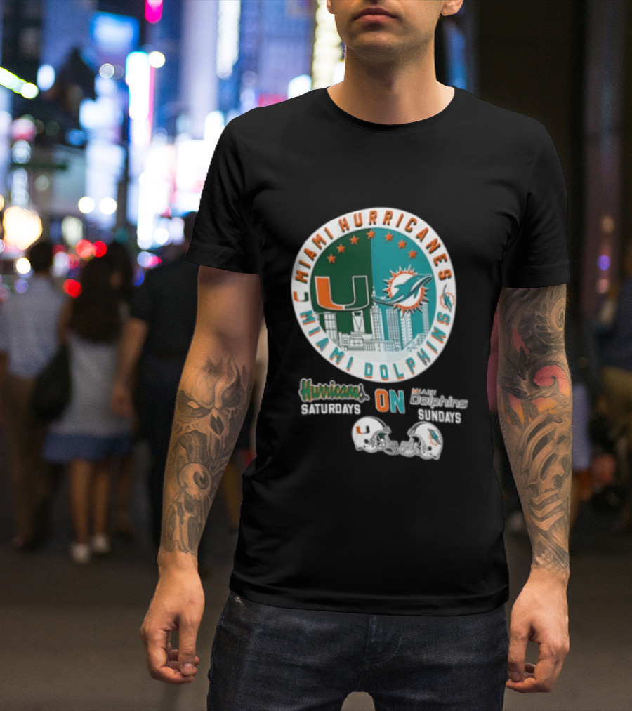 Miami Hurricanes Dolphins City Skyline Saturdays Sundays Two Helmets T-Shirt