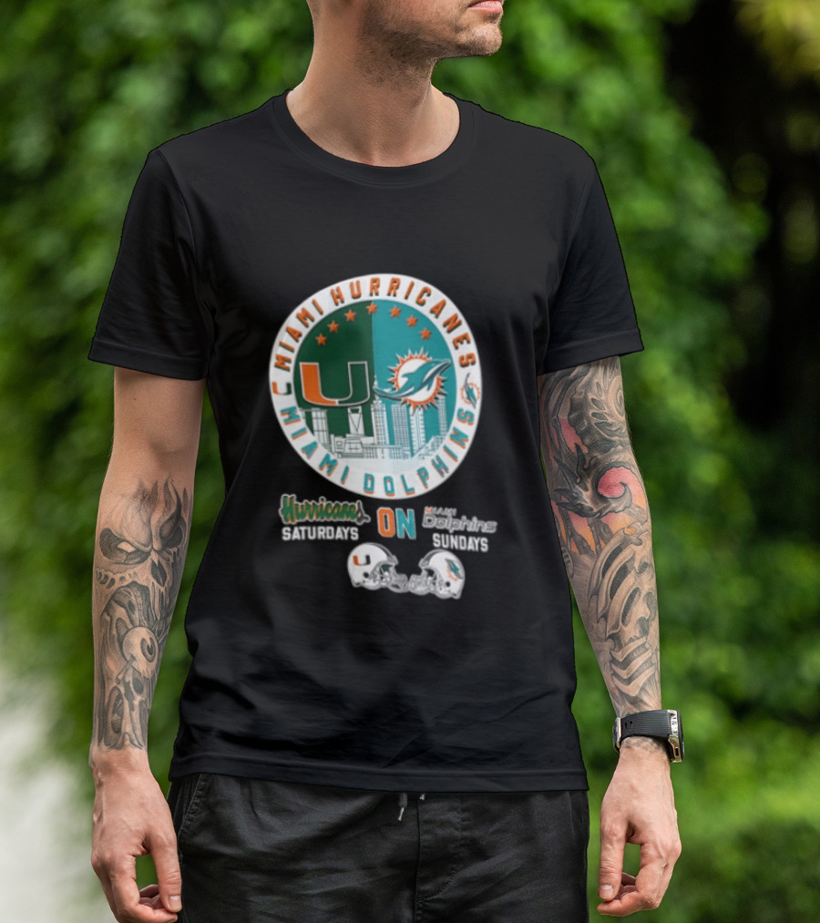 Miami Hurricanes Dolphins City Skyline Saturdays Sundays Two Helmets T-Shirt