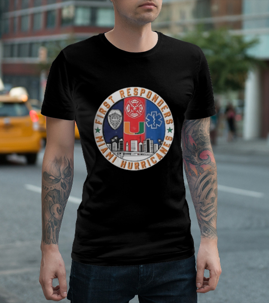 Miami Hurricanes First Responders Police Fire Dept Star Of Life City Skyline Seal T-Shirt