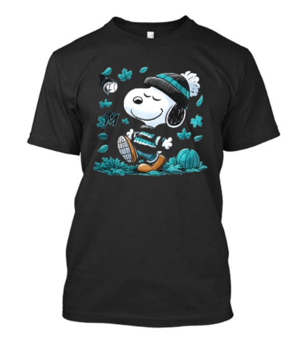 Miami Marlins Snoopy Walking Winter Beanie Autumn Leaves Pumpkin MLB Cartoon T-Shirt