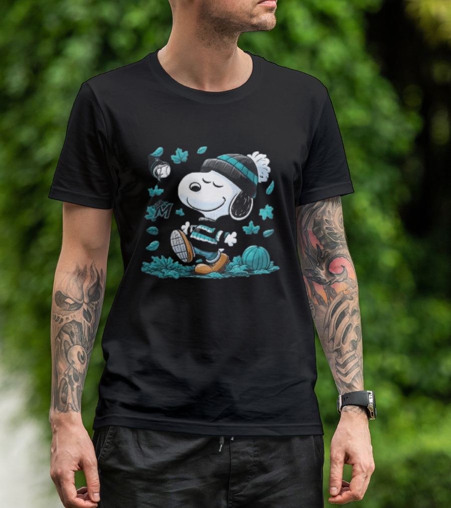 Miami Marlins Snoopy Walking Winter Beanie Autumn Leaves Pumpkin MLB Cartoon T-Shirt