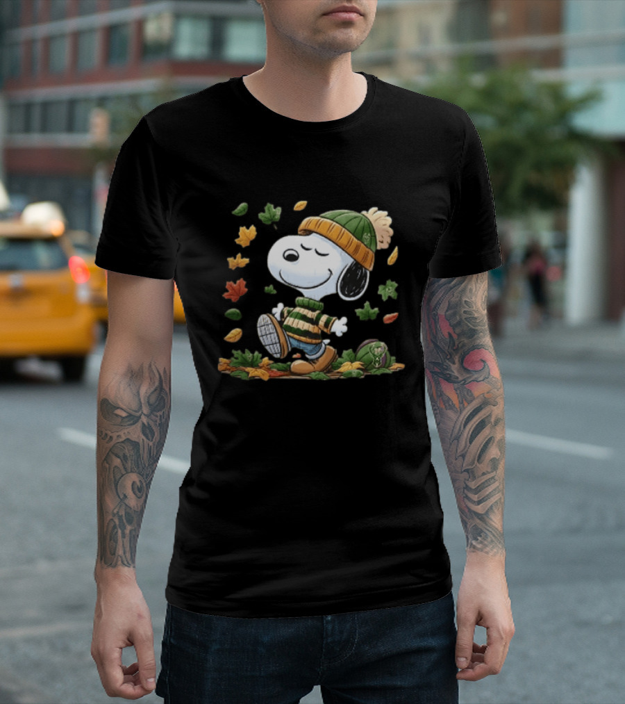 Milwaukee Bucks Snoopy In Beanie Walking Through Autumn Leaves Cartoon T-Shirt