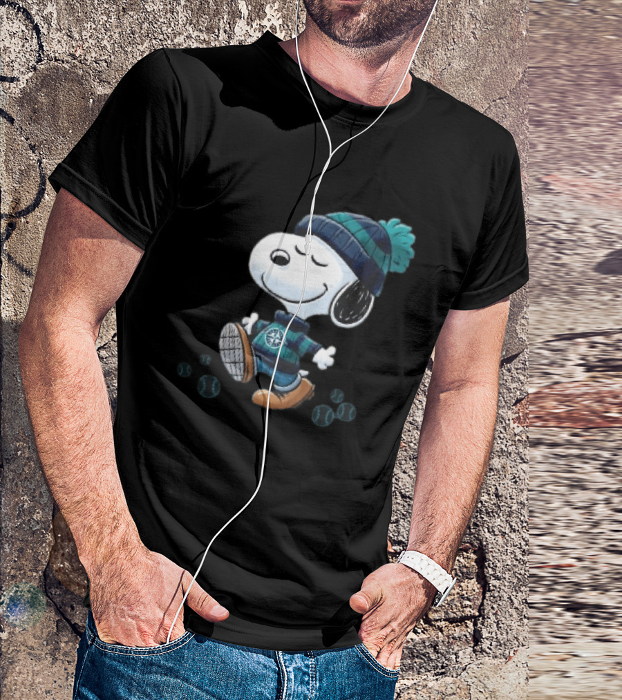 Seattle Mariners Snoopy Walking Beanie And Baseballs MLB Cartoon T-Shirt