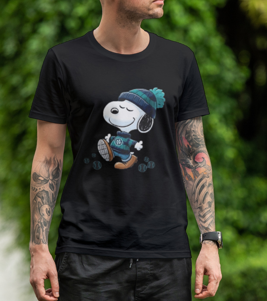 Seattle Mariners Snoopy Walking Beanie And Baseballs MLB Cartoon T-Shirt